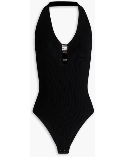 Sandro Amiens Cutout Crystal-embellished Ribbed-knit Halterneck Bodysuit - Black