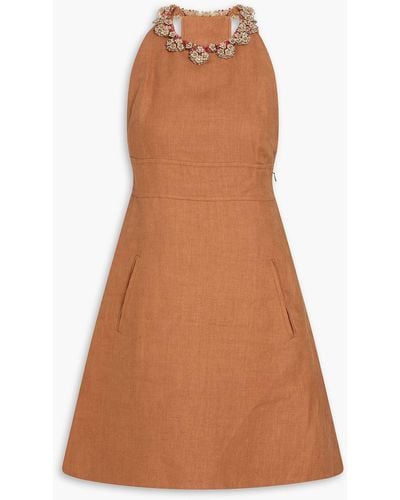 Valentino Garavani Embellished Linen Mini Dress - Brown