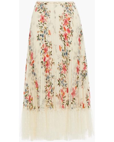 RED Valentino Point D'esprit-trimmed Printed Crepe De Chine Midi Skirt - Natural