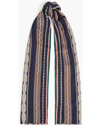 Paul Smith Frayed Printed Cotton-blend Jacquard Scarf - Blue