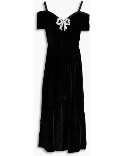 Saloni Clementine Cold-shoulder Crystal-embellished Velvet Midi Dress - Black