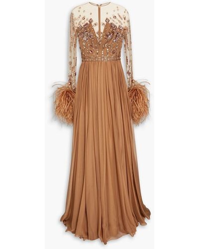 Zuhair Murad Embellished Tulle-paneled Voile Gown - Brown