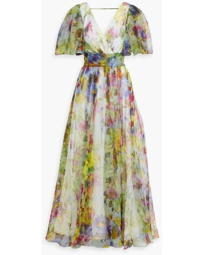 Badgley Mischka Wrap-effect Floral-print Silk-organza Maxi Dress - Green
