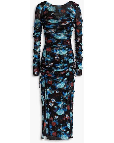Diane von Furstenberg Ruched Floral-print Mesh Midi Dress - Black
