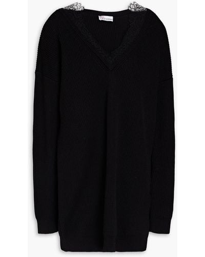 RED Valentino Oversized Lace-trimmed Ribbed Wool Jumper - Black