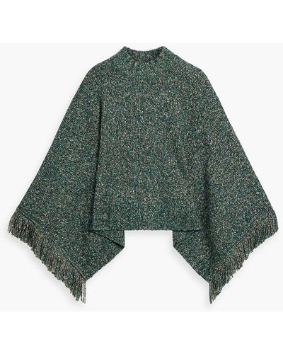 Autumn Cashmere Fringed Donegal Knitted Poncho - Green