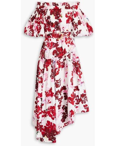 Aje. Riviera Off-the-shoulder Floral-print Cotton-poplin Dress - Red