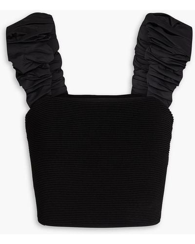 Aje. Allard Cropped Ruched Ribbed-knit And Taffeta Top - Black