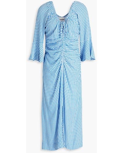 Ganni Ruched Gingham Ecoverotm-blend Midi Dress - Blue