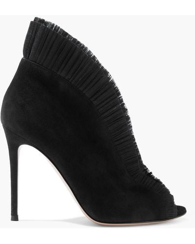 Gianvito Rossi Ginevra 105 Pleated Tulle-trimmed Suede Ankle Boots - Black