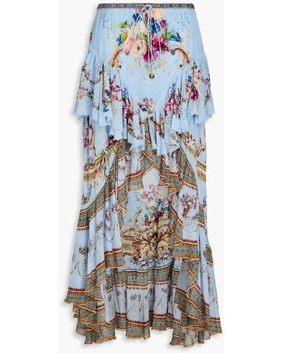 Camilla Embellished Ruffled Floral-print Silk Crepe De Chine Maxi Skirt - Blue