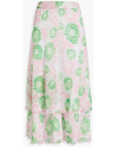 Ganni Layered Pleated Printed Georgette Midi Skirt - Green
