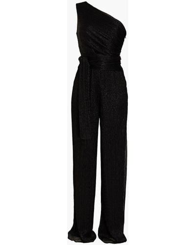 Halston Romee One-shoulder Metallic Crinkled Jersey Wide-leg Jumpsuit - Black