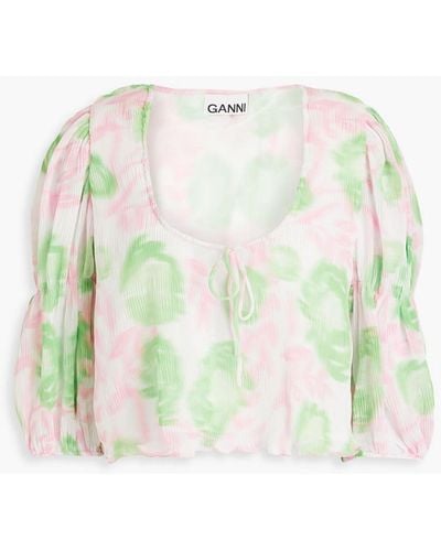 Ganni Cropped Printed Georgette Blouse - Pink