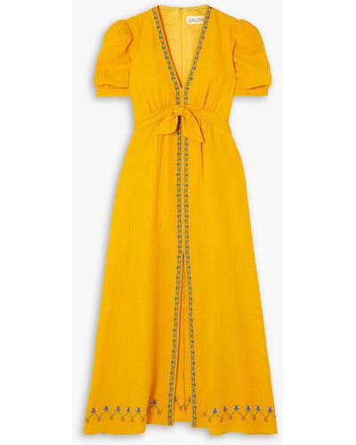Saloni Jamie Embroidered Cotton-gauze Maxi Dress - Yellow