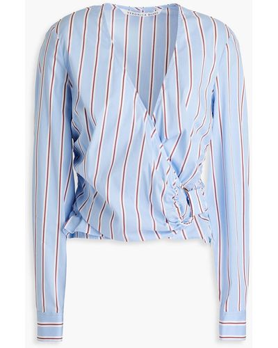 Veronica Beard Ozzie Wrap-effect Striped Cotton-blend Poplin Top - Blue