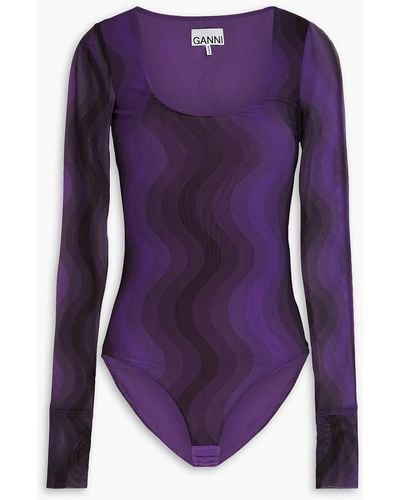 Ganni Printed Stretch-mesh Bodysuit - Purple