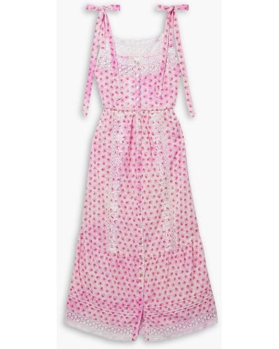 LoveShackFancy Carlyle Lace-trimmed Embroidered Floral-print Cotton-voile Midi Dress - Pink