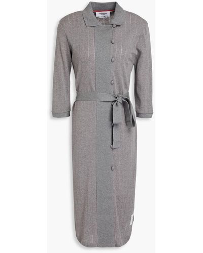 Thom Browne Belted Pointelle-knit Cotton-blend Midi Shirt Dress - Grey