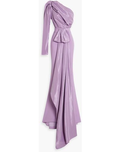 Rhea Costa One-sleeve Draped Taffeta And Crepe Gown - Purple