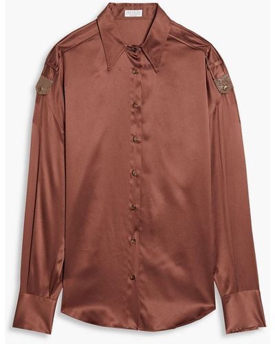 Brunello Cucinelli Bead-embellished Stretch-silk Satin Shirt - Red