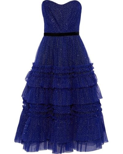 Marchesa Strapless Tiered Glittered Tulle Midi Dress - Blue