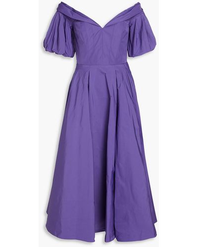 Marchesa Off-the-shoulder Pleated Taffeta Midi Dress - Purple