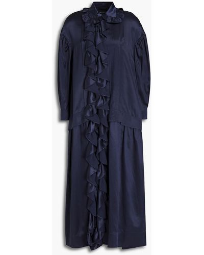 Simone Rocha Pleated Ruffle-trimmed Silk-satin Midi Shirt Dress - Blue