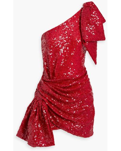 Ronny Kobo Brit One-shoulder Bow-embellished Sequined Stretch-tulle Mini Dress - Red