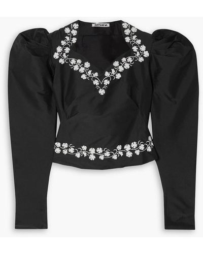 BATSHEVA Cropped Embroidered Duchesse-satin Blouse - Black