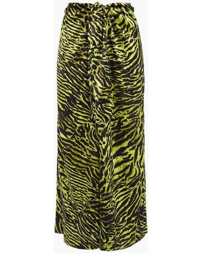 Ganni Tie-front Printed Stretch-silk Satin Midi Skirt - Green