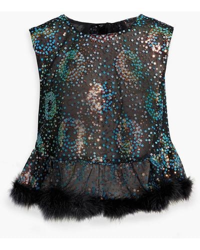 Anna Sui Open-back Embellished Tulle Peplum Top - Black