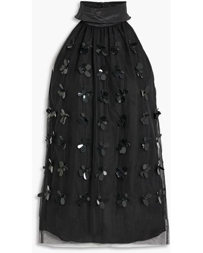 Carolina Herrera Embellished Silk-taffeta And Tulle Top - Black