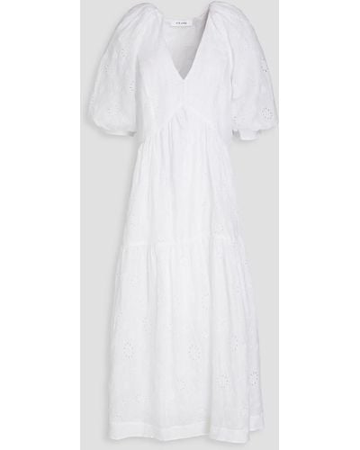 FRAME Gathered Broderie Anglaise Midi Dress - White