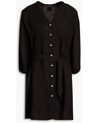 120% Lino Pintucked Belted Linen Mini Dress - Black