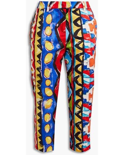 Stella Jean Cropped Printed Stretch-cotton Tapered Pants - Blue