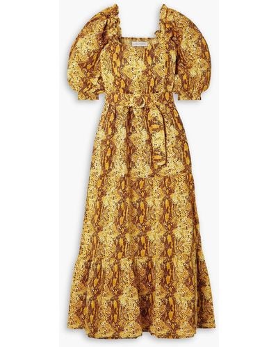 Faithfull The Brand Rumi Tiered Snake-print Linen Midi Dress - Yellow