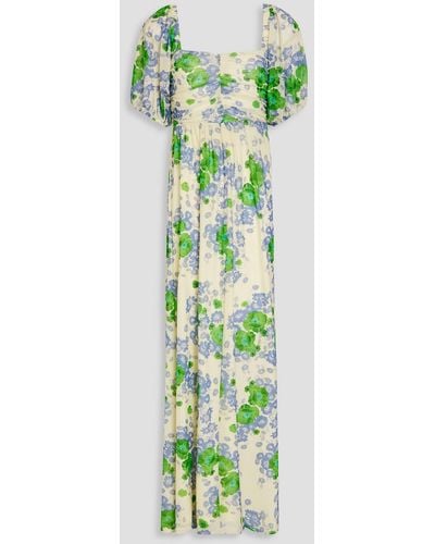 Ganni Gathered Floral-print Stretch-mesh Maxi Dress - Green