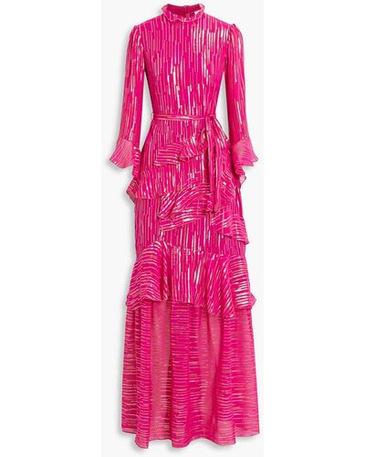 Saloni Marissa Ruffled Metallic Fil Coupé Silk-blend Chiffon Gown - Pink
