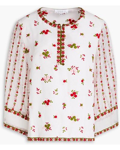 Andrew Gn Embroidered Organza-paneled Silk-blend Crepe De Chine Blouse - White