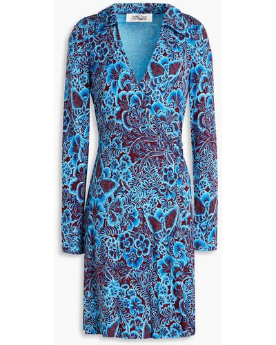 Diane von Furstenberg Floral-print Lyocell And Wool-blend Jersey Mini Wrap Dress - Blue