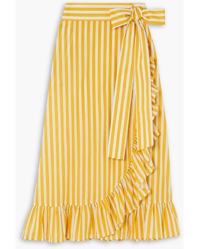 Loretta Caponi Lou Ruffled Striped Cotton-poplin Wrap Skirt - Yellow