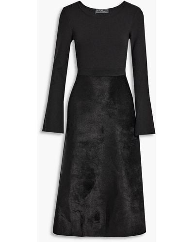 Ferragamo Knit-paneled Brushed Wool-blend Felt Midi Dress - Black