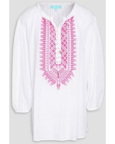 Melissa Odabash Simona Gathered Embroidered Woven Top - Pink
