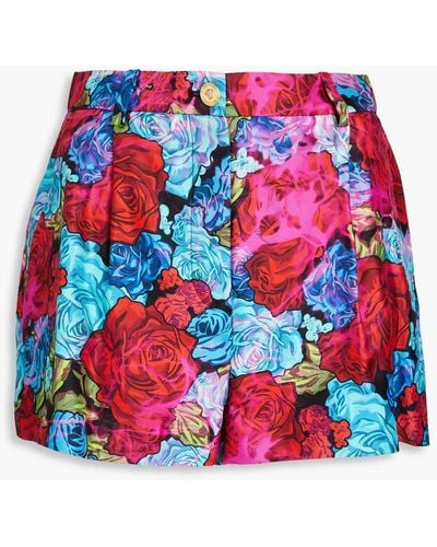 Versace Pleated Floral-print Silk-twill Shorts - Red