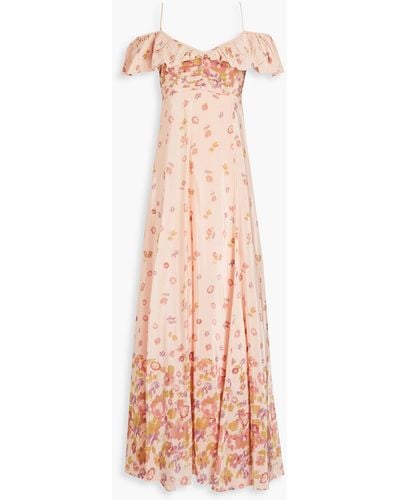 byTiMo Cold-shoulder Floral-print Satin Maxi Dress - Pink