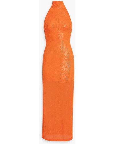 ROTATE BIRGER CHRISTENSEN Sequined Tulle Halterneck Maxi Dress - Orange