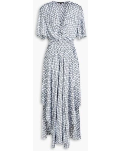 Maje Asymmetric Shirred Printed Satin Maxi Dress - Grey