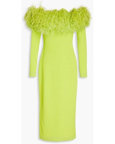 Elie Saab Off-the-shoulder Feather-embellished Stretch-knit Midi Dress - Green