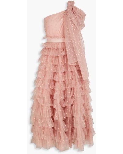 RED Valentino One-shoulder Bow-embellished Ruffled Glittered Tulle Midi Dress - Pink